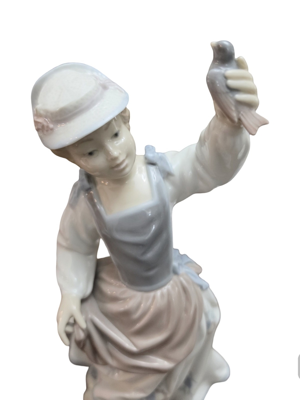 Lladro Porcelain Girl Figurine with Bird in White, Gray, Cream
